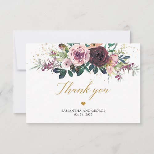 Maroon roses flowers blush floral gold glitter thank you card