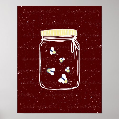 Maroon Rough Sketch Fireflies in Mason Jar Poster