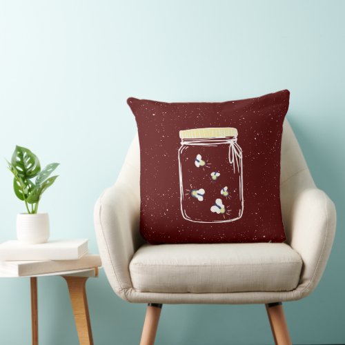Maroon Rough Sketch Fireflies in Mason Jar Throw Pillow