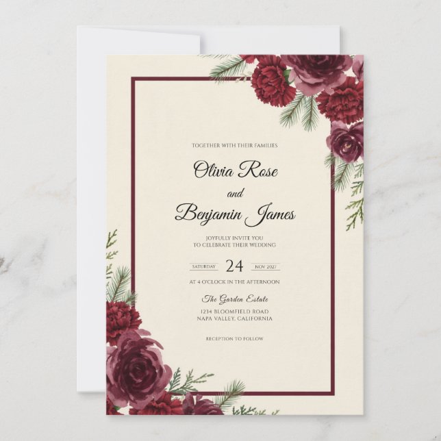 Maroon Ruby Petal Wedding Invitation (Front)