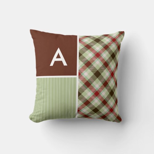 Maroon  Sage Green Plaid Throw Pillow