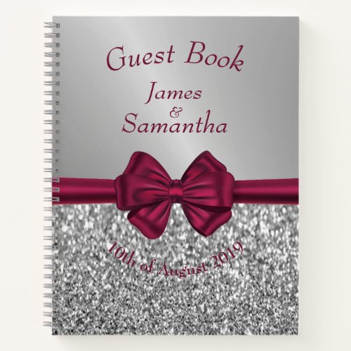 Maroon Satin Bow  Silver   Guest Book