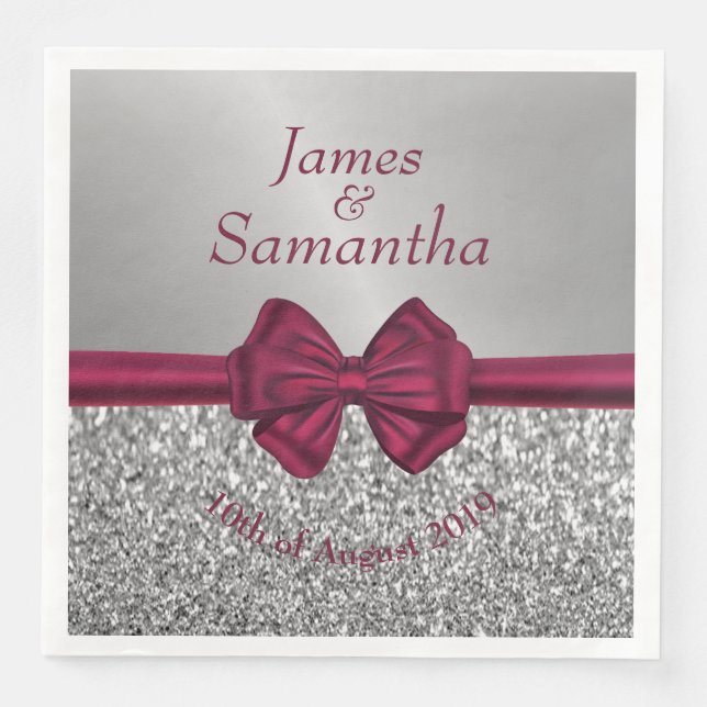 Maroon Satin Bow & Silver  – Paper Dinner Napkins (Front)