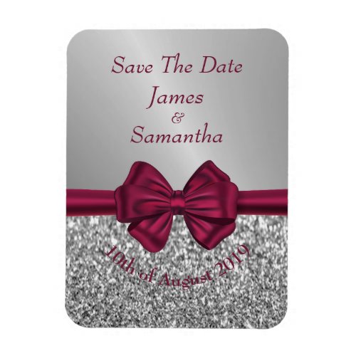 Maroon Satin Bow  Silver   Save The Date Magnet