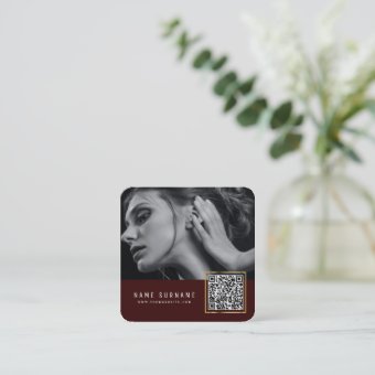 Maroon scannable barcode QR code photo Square Business Card | Zazzle