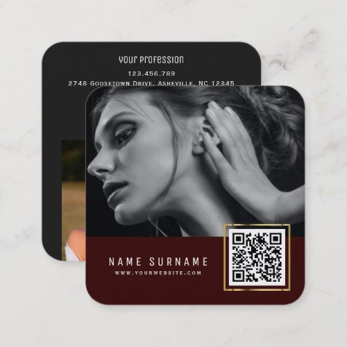 Maroon scannable barcode QR code photo Square Business Card