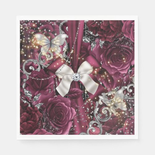 Maroon silver butterfly rose shabby vintage glam napkins