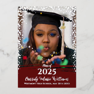 Maroon Silver Confetti Foil Graduation Announcemen Invitation