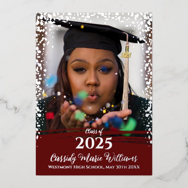 Maroon Silver Confetti Foil Graduation Announcemen Invitation (Front)