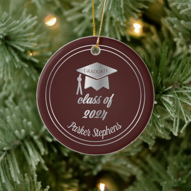Maroon Silver Graduate Cap Graduation 2023 Photo Ceramic Ornament (Tree)