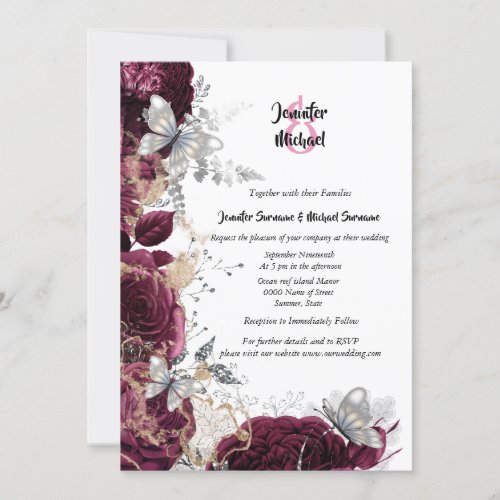 Maroon silver rose butterfly chic elegant wedding invitation