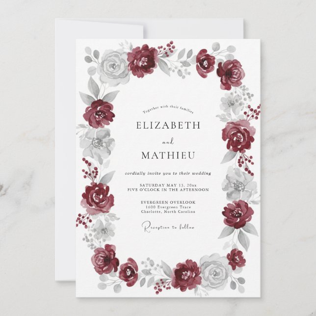 Maroon Silver Rose Wedding Invitation (Front)
