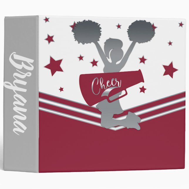Maroon Silver Stars Cheer Cheer-leading Girls 3 Ring Binder (Front/Spine)