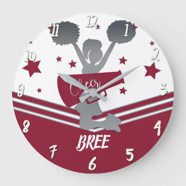 Maroon Silver Stars Cheer Cheer-leading Girls Large Clock | Zazzle