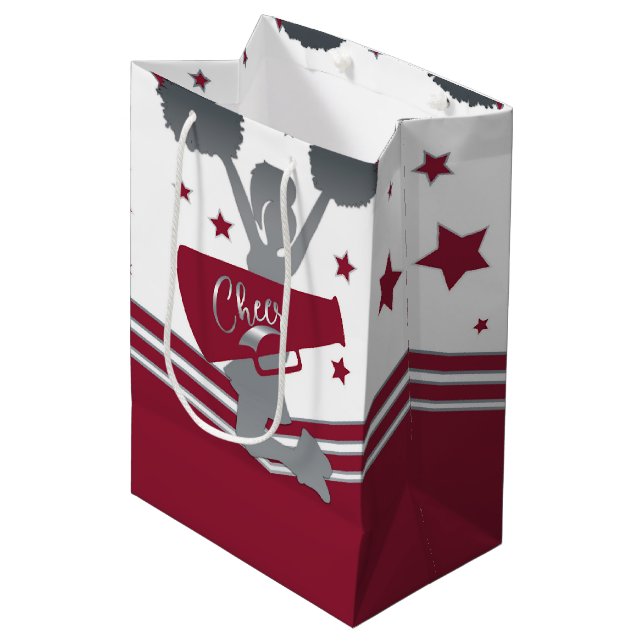 Maroon Silver Stars Cheer Cheer-leading Party Medium Gift Bag (Front Angled)