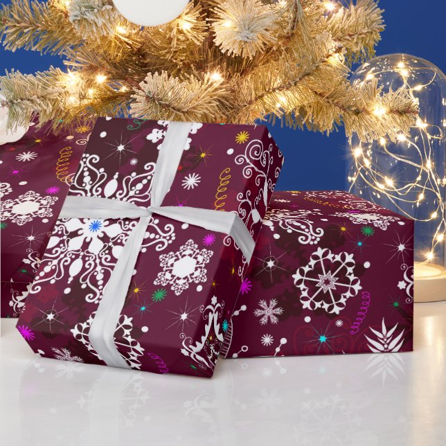 maroon snowflake pattern wrapping paper (Holidays)