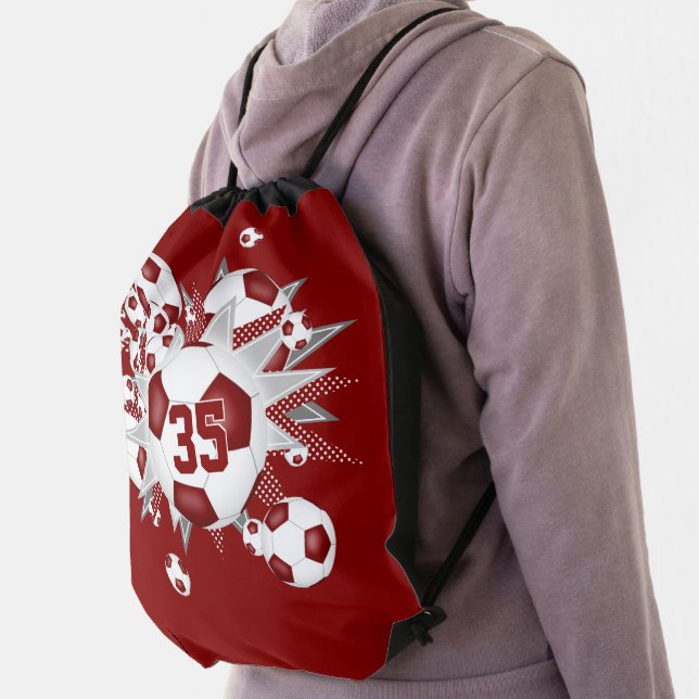 Maroon soccer ball blowout girls jersey number drawstring bag (Insitu)
