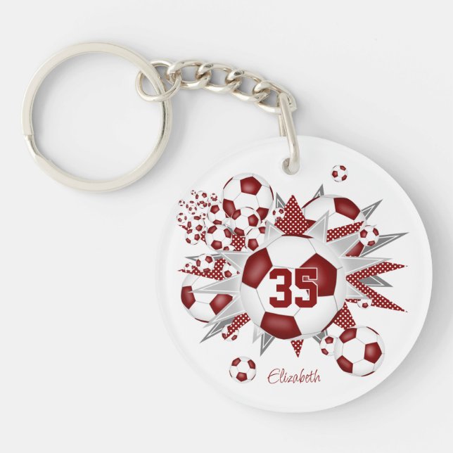 Maroon soccer ball blowout girls jersey number keychain (Front)