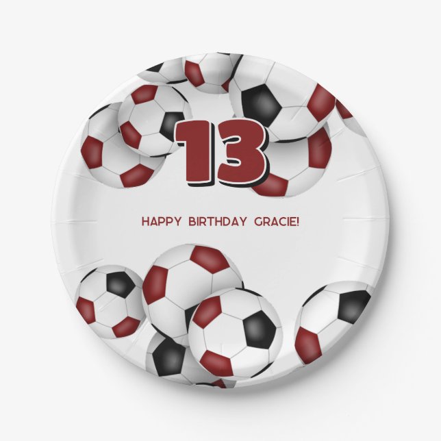 maroon soccer balls kids sports birthday party paper plates (Front)