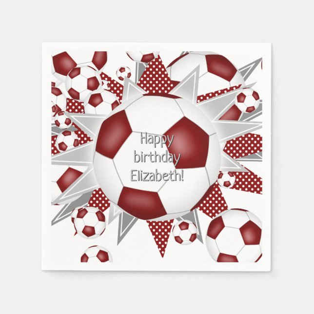 Maroon soccer balls stars birthday or team party  napkins (Front)