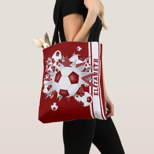 Maroon soccer balls stars her name varsity stripes tote bag