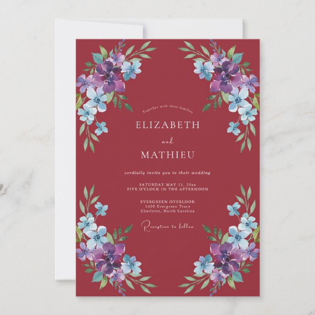 Maroon Sophisticated Botanical Wedding Invitation (Front)