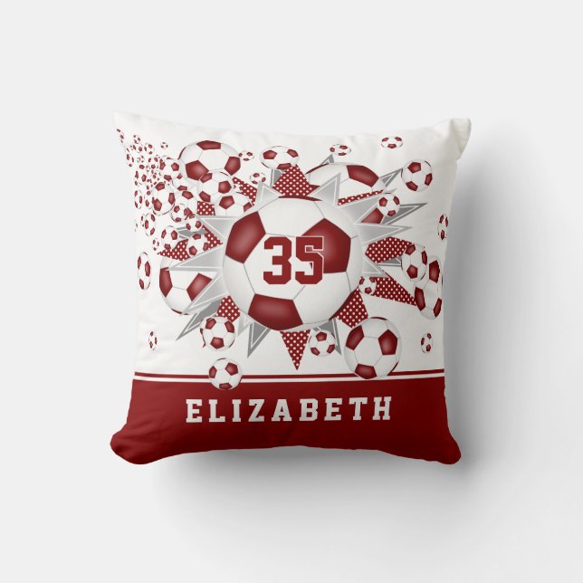 maroon sports room girls soccer balls stars throw pillow (Front)