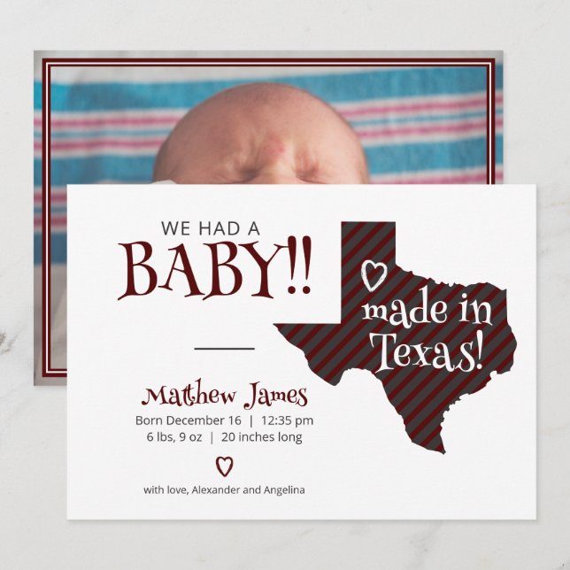 Maroon Striped Made in Texas Photo Baby Announcement (Front/Back)