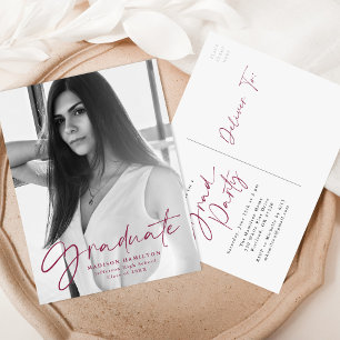 Maroon Stylish Script Photo Graduation Party Invitation Postcard