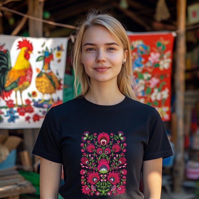 Maroon symmetrical Folk Wycinanki  T-Shirt (Polish folklore t shirt with custom text)