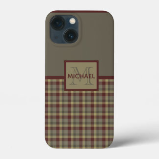 Maroon, Tan And Gray Plaid Monogrammed  iPhone 13 Mini Case