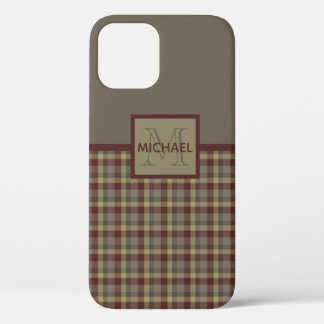 Maroon, Tan And Gray Plaid Monogrammed Case-Mate S iPhone 12 Case