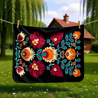 Maroon, teal and pastel yellow Folk Wycinanki Baby Blanket