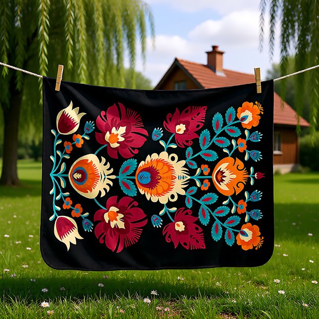 Maroon, teal and pastel yellow Folk Wycinanki  Baby Blanket (Maroon, teal and pastel yellow Folk Wycinanki Baby Blanket)