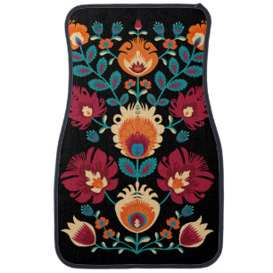 Maroon, teal and pastel yellow Folk Wycinanki Car Floor Mat