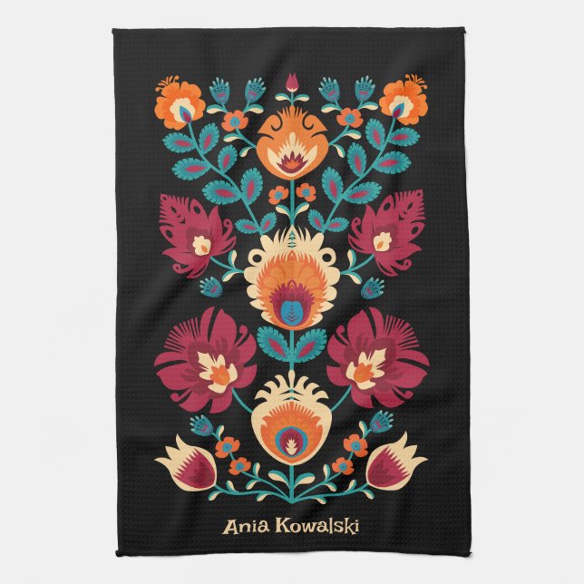 Maroon, teal and pastel yellow Folk Wycinanki  Kitchen Towel (Vertical)