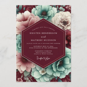 Maroon & Teal Autumnal Bloom Wedding Invitation