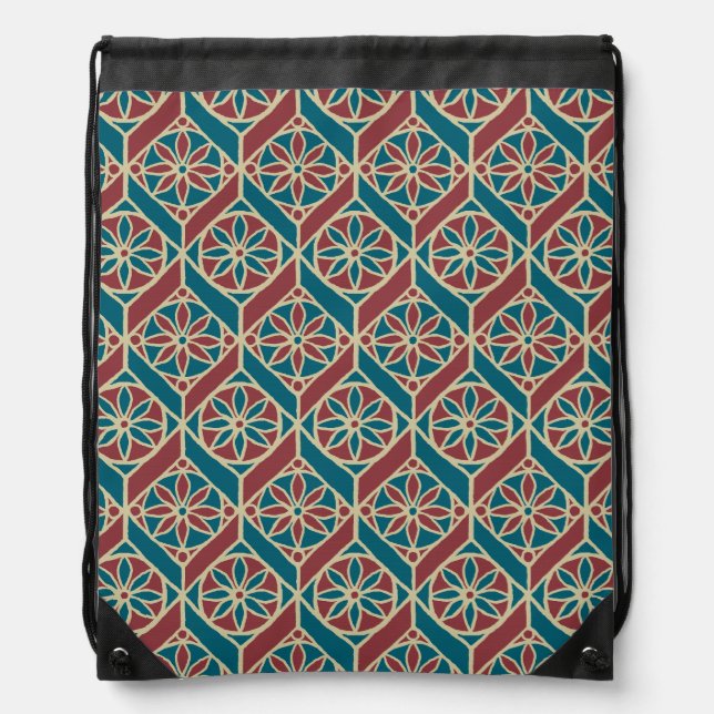 Maroon, Teal Ethnic Pattern, Flowers, Chevrons Drawstring Bag (Front)