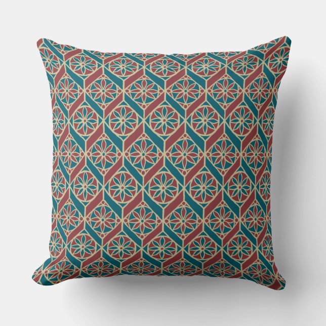 Maroon, Teal Ethnic Pattern, Flowers, Chevrons Throw Pillow (Front)