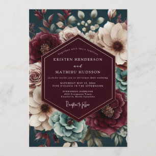 Maroon & Teal Moody Floral Wedding Invitation