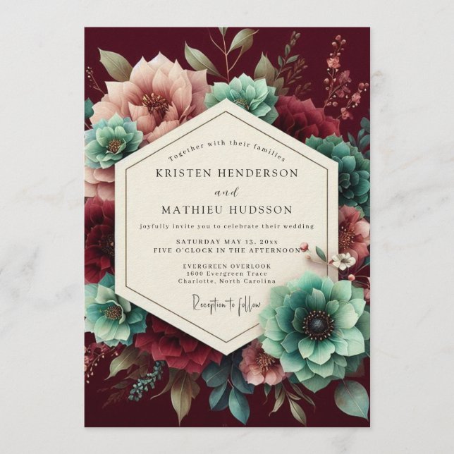 Maroon Teal Opulent Flora Wedding Invitation (Front)