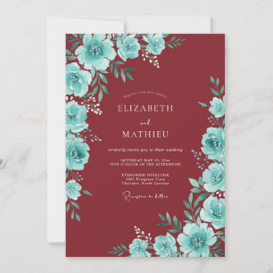 Maroon Teal Ranunculus Eucalyptus Wedding Invitation