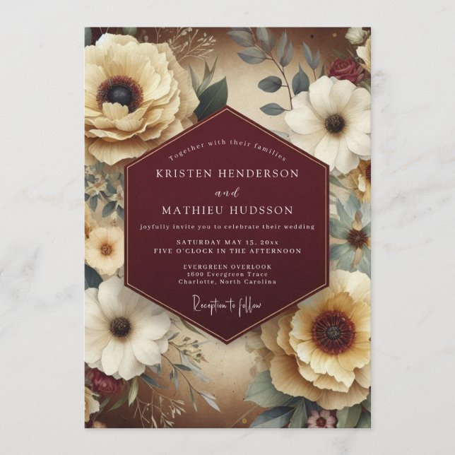 Maroon Teal Still Life Wedding Invitation (Front)