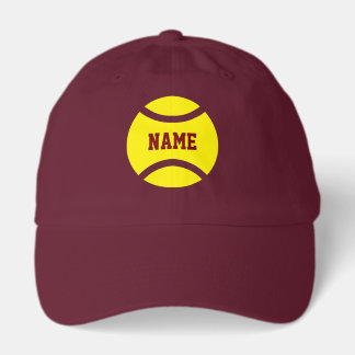 Maroon tennis hat with yellow ball icon on cap