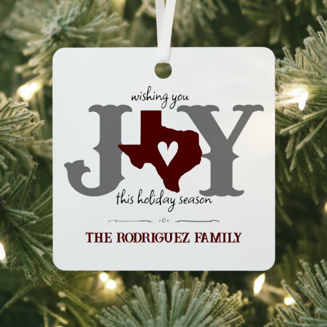 Maroon Texas JOY Photo Holiday Metal Ornament (Insitu)