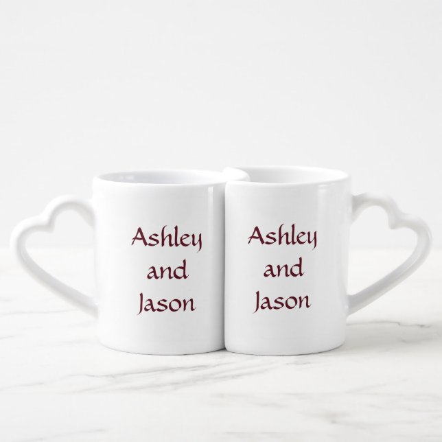 Maroon Text Custom Couple Wedding Lovers  Coffee Mug Set (Front Nesting)