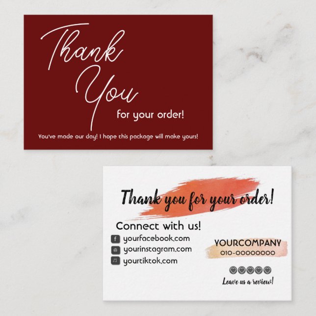 Maroon Thank You For Your Order Note Card (Front/Back)