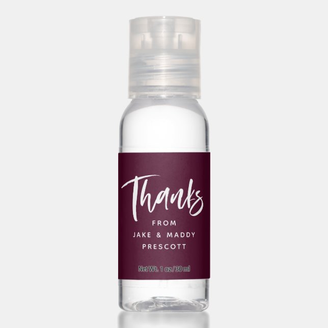 Maroon thanks personalized wedding shower hand sanitizer (Front)