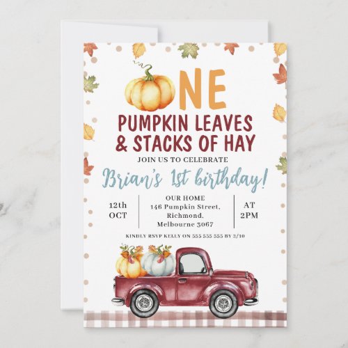 Maroon Truck Pumpkin Leaves Hay 1st Birthday Invitation