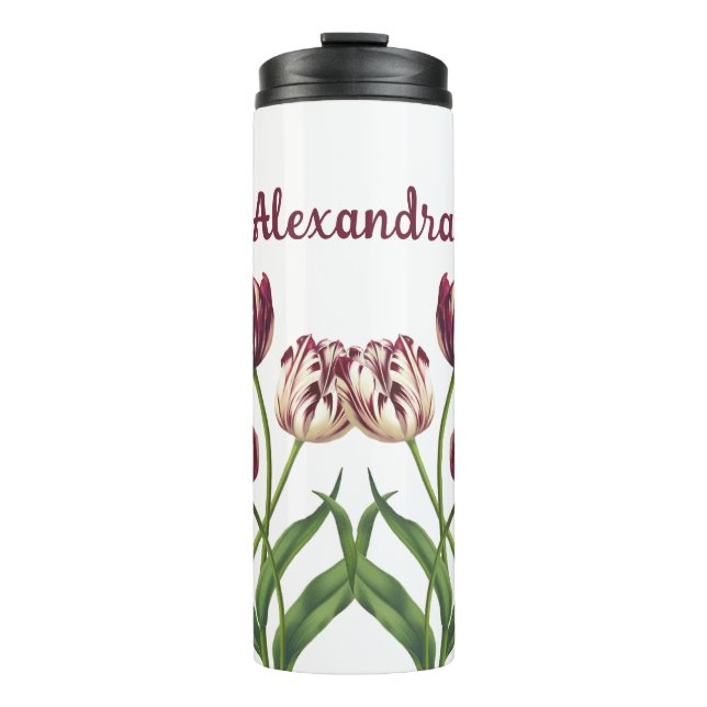 Maroon Tulips With Name Thermal Tumbler (Front)